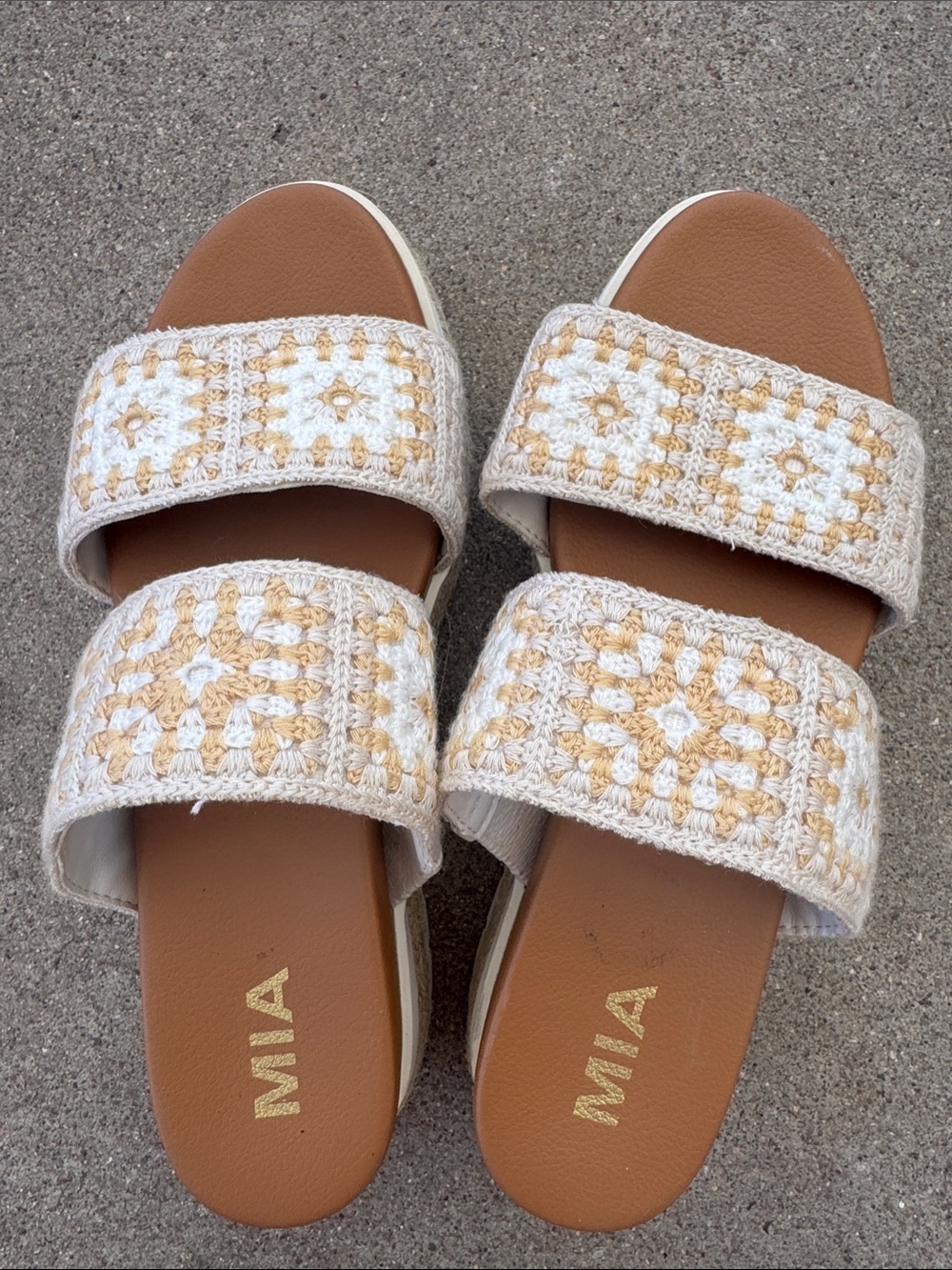 MIA Crochet Double-Strap Slide Sandals in Cream and Tan